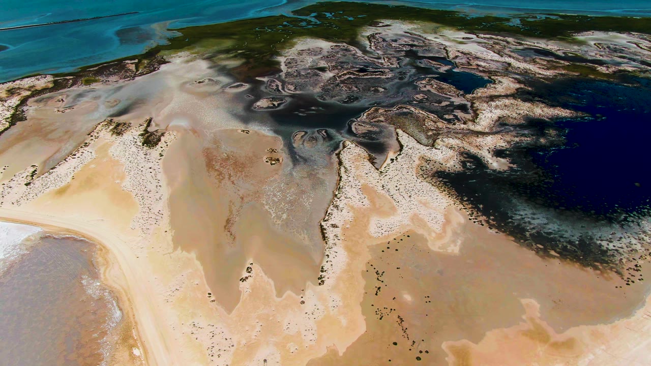 Aerial view of pale sandbars and dark tidal pools beside blue water.