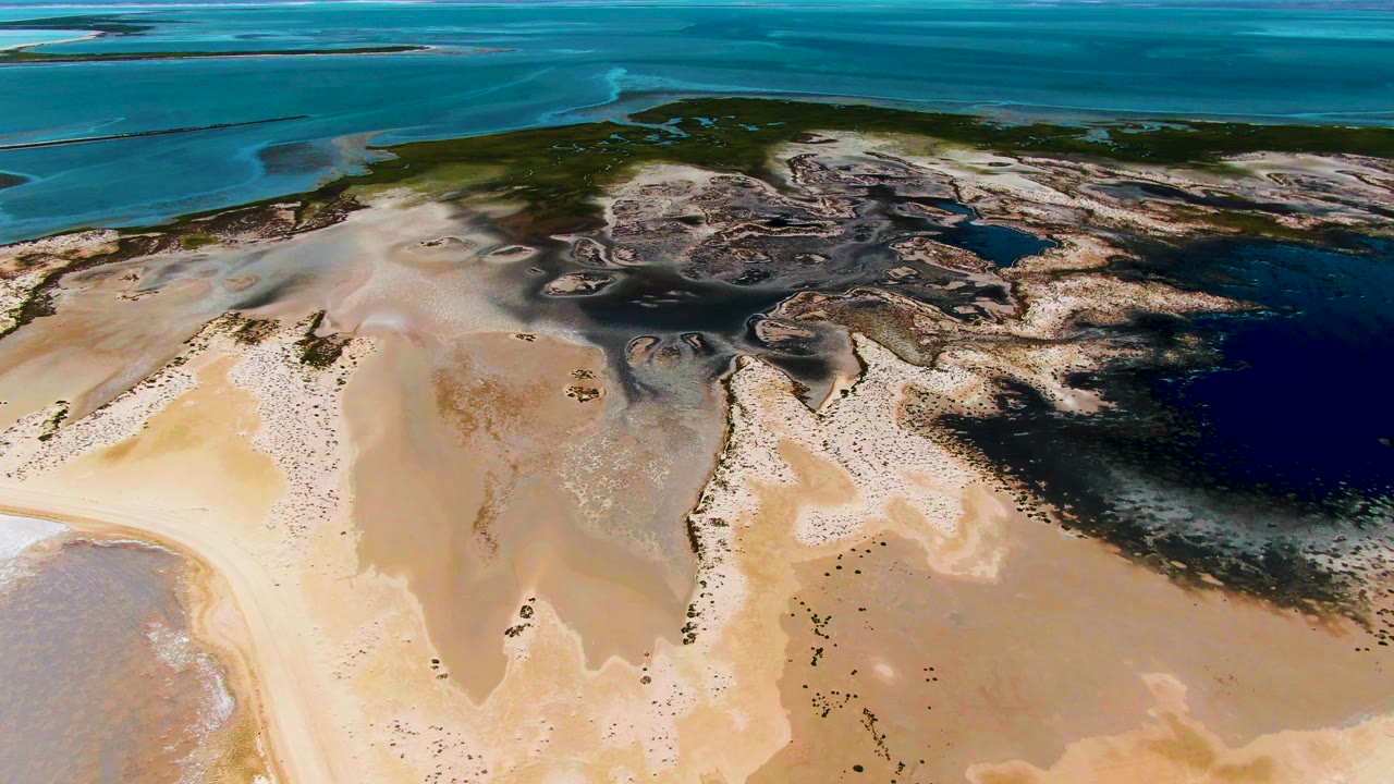 Second frame over Guerrero Negro keeps the sand flats in the foreground, dark wetland texture across the middle, and turquoise water near the horizon, with no visible people.