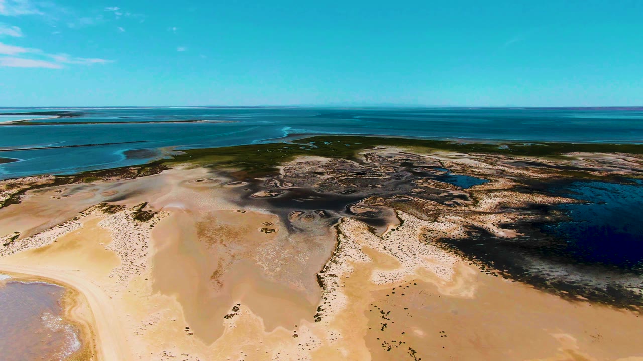 Guerrero Negro aerial frame with broad sandy foreground, irregular wet patches through the middle, a band of green vegetation, blue ocean, and no visible people.