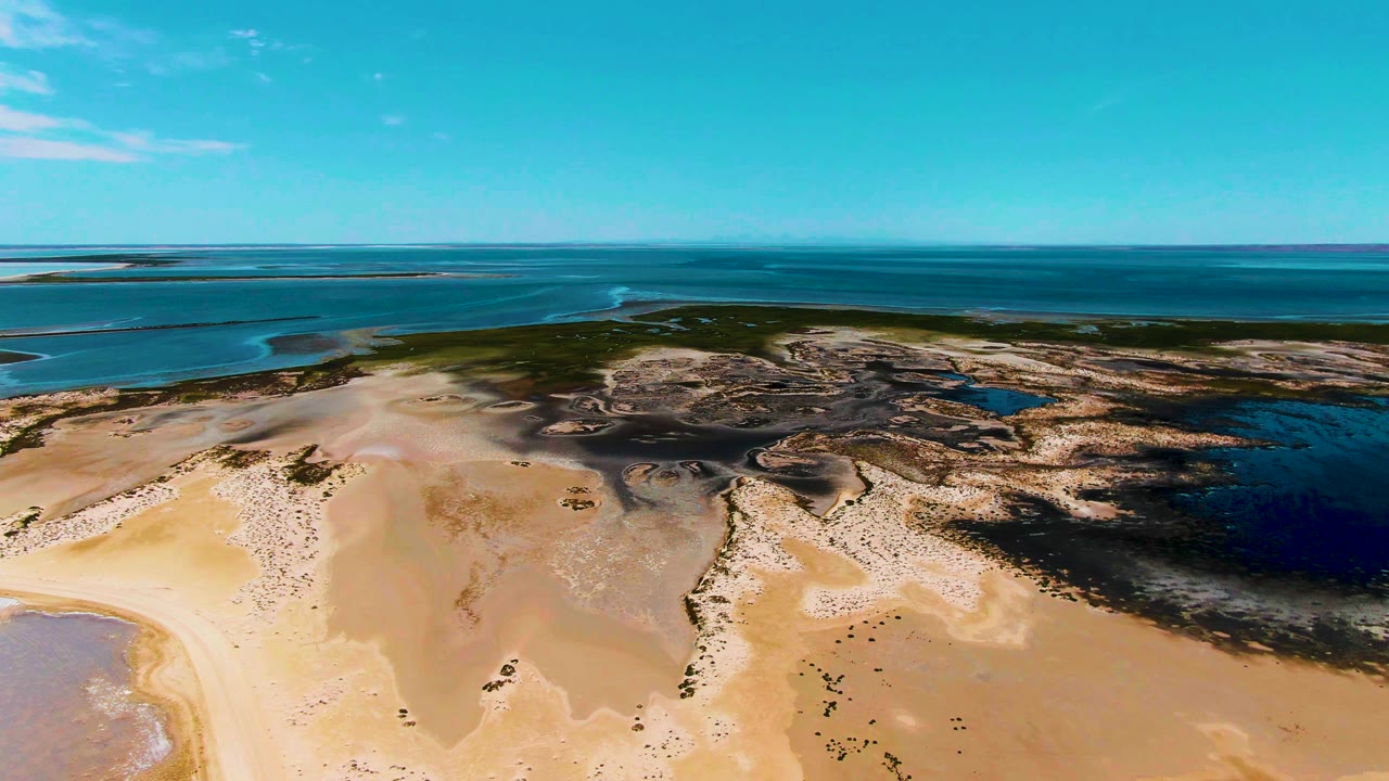 Drone perspective over wet and dry sand patterns on the coast.