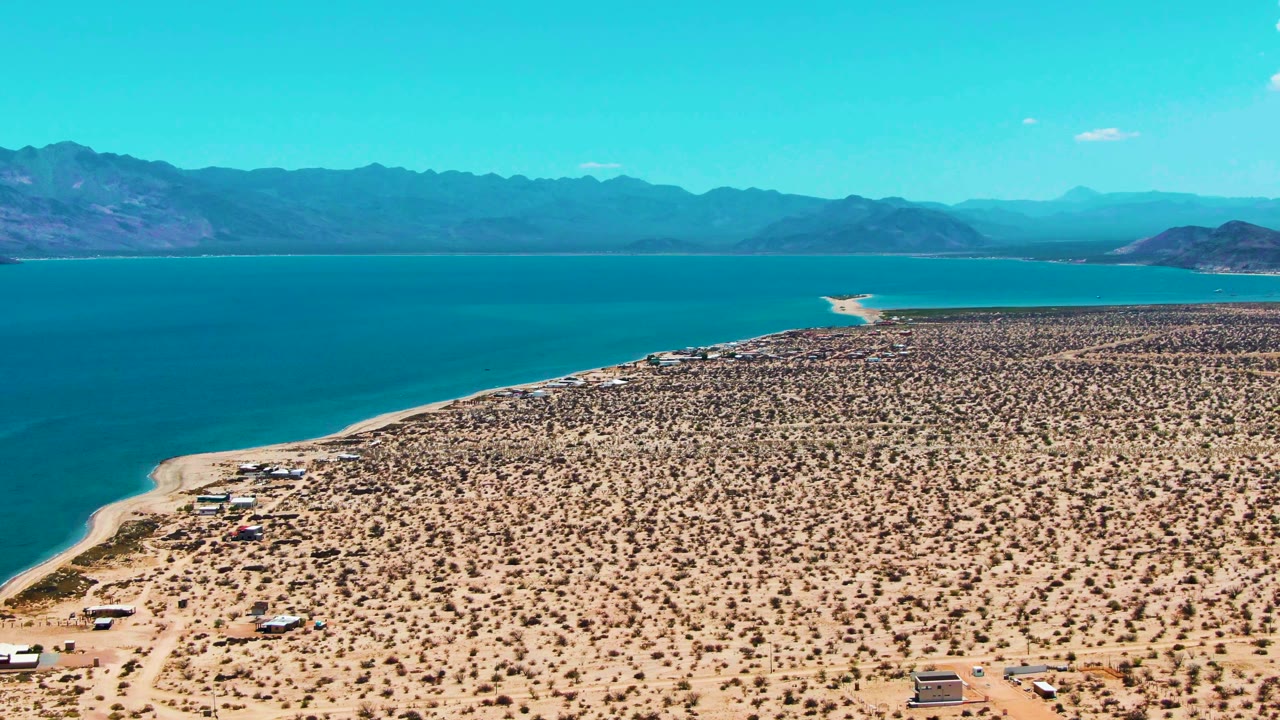 Blue water beside sparse desert scrub under clear sky