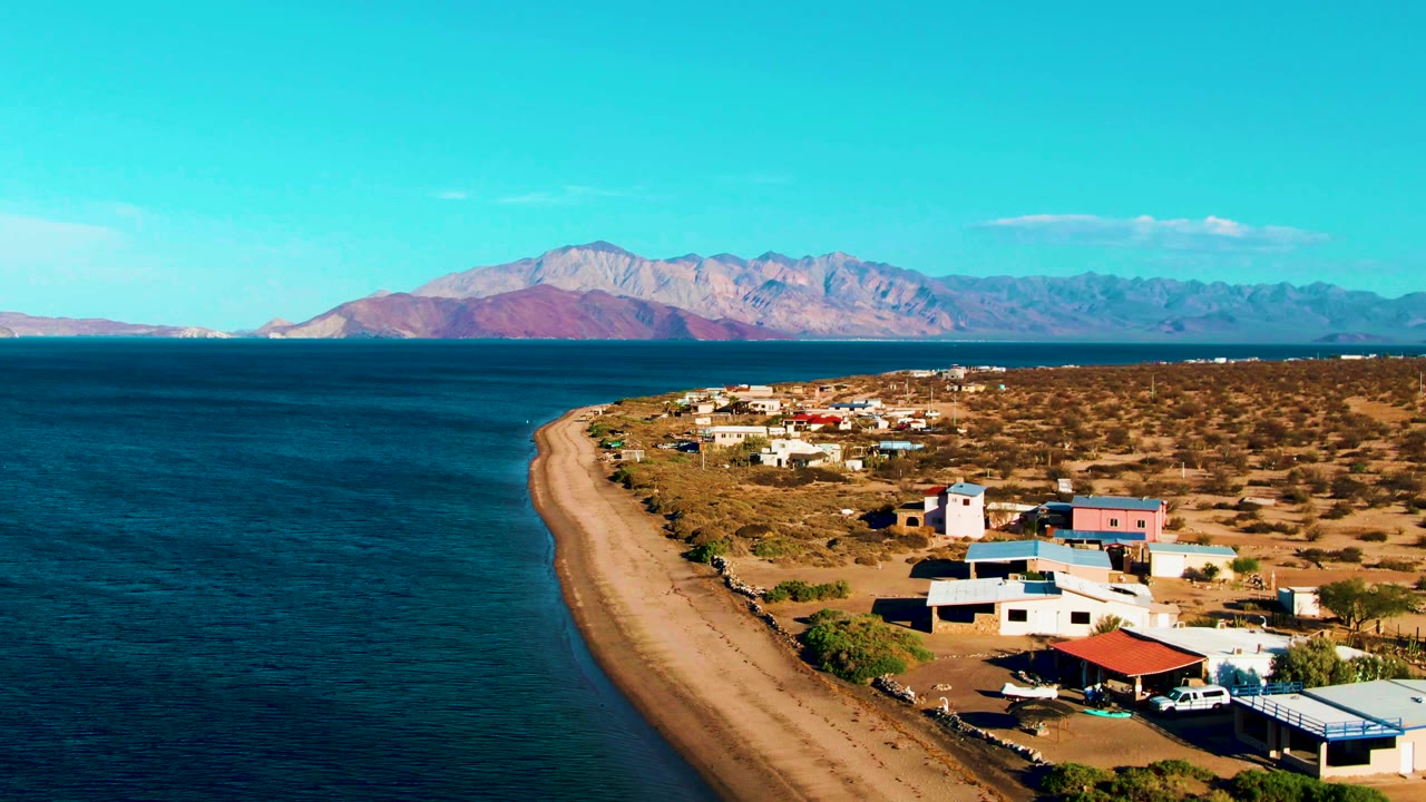 Aerial view of ocean beside a sandy shore and small coastal buildings.