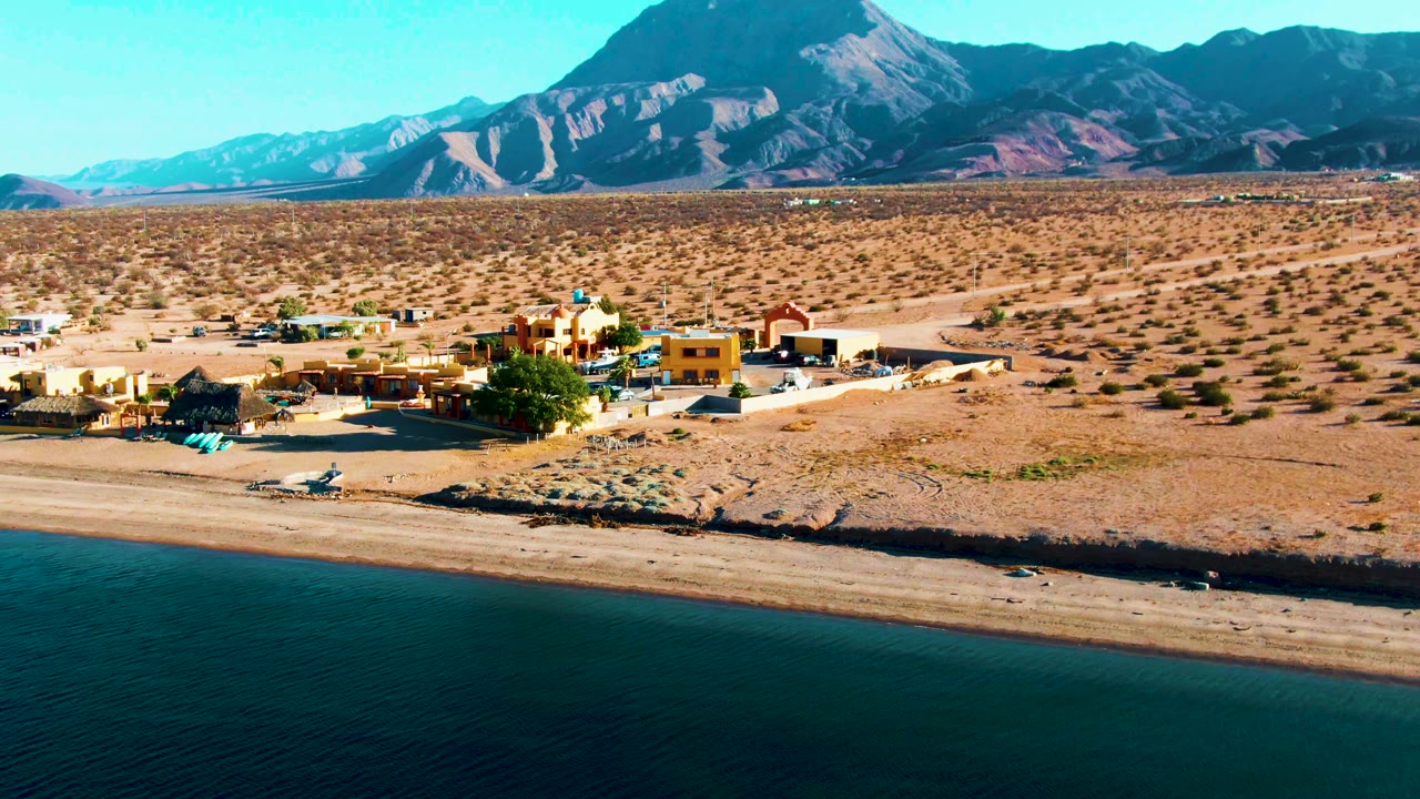 Wide aerial shoreline with dark water, beach, low settlement, desert, and mountain range.