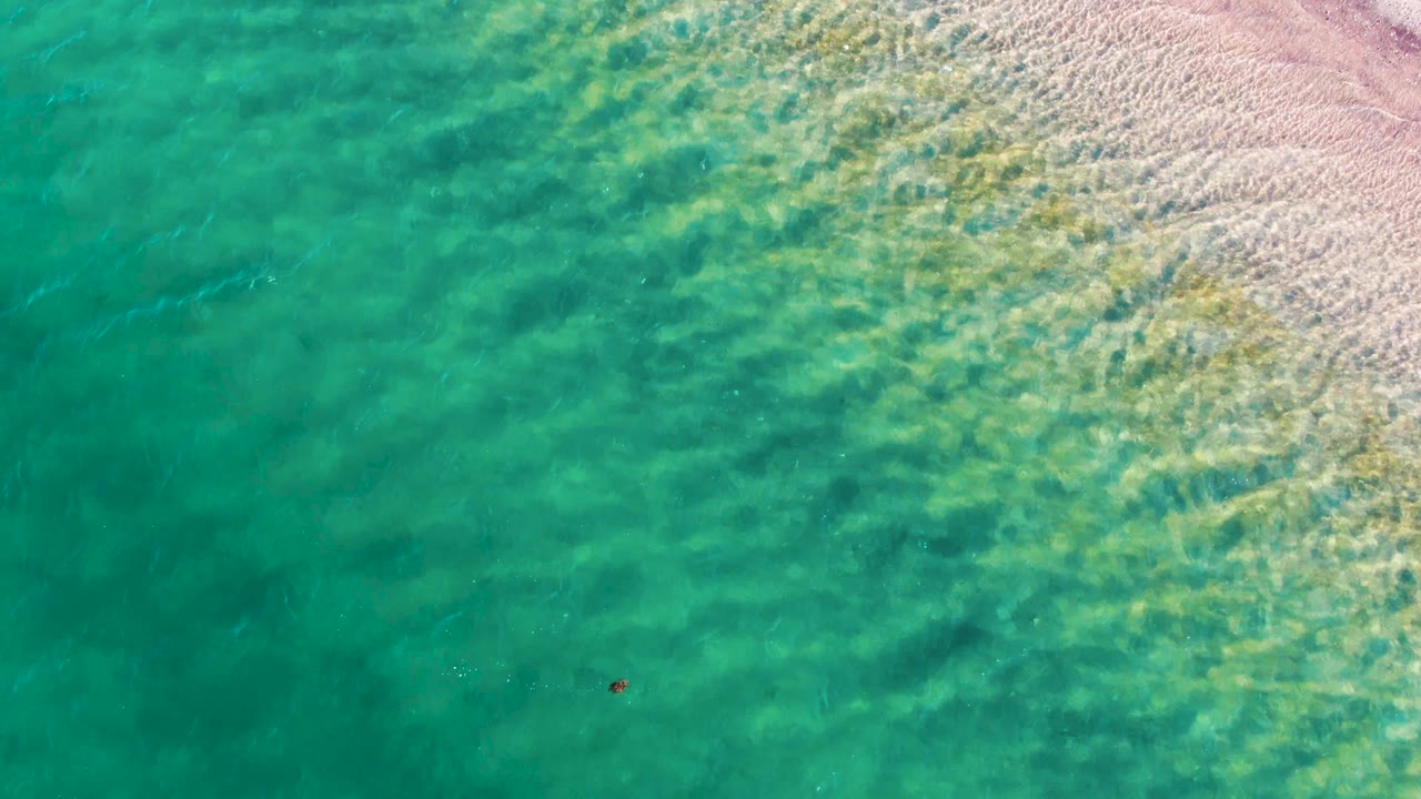 Turquoise water washing over pale sand from above