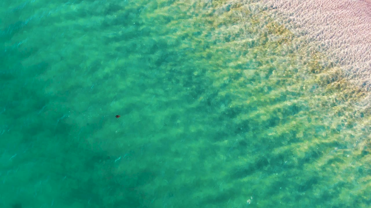 Aerial frame over clear green-blue shallow water in Bahia De Los Angeles, with sandy texture brighter on the right and no visible people.