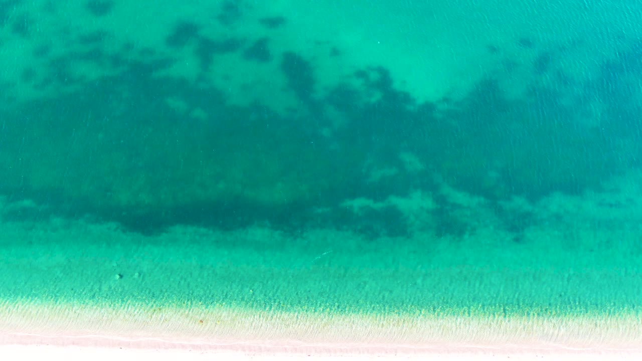 Clear water over pale sandy shallows in Bahia De Los Angeles, Mexico, with a broad dark underwater vegetation or coral-like band across the upper half and no visible people.