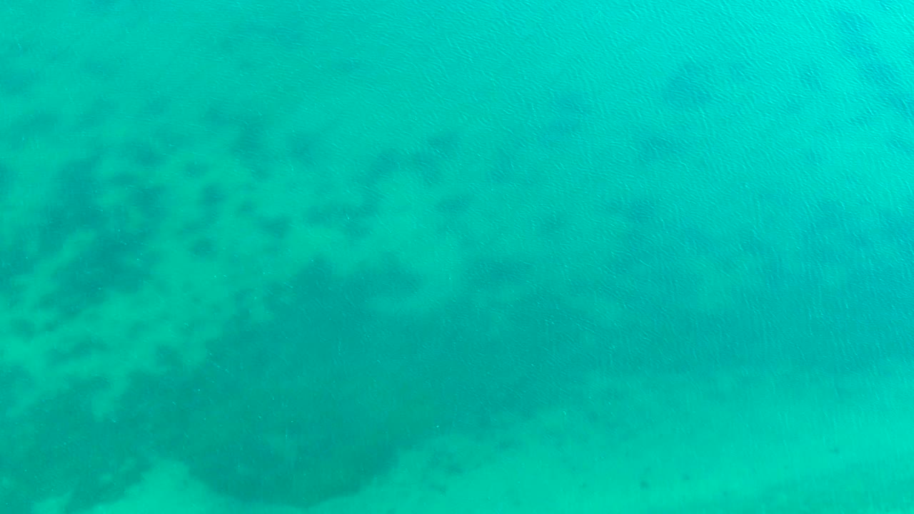 Turquoise underwater view in Bahia de Los Angeles with pale sand below, darker submerged patches near the top of frame, faint small fish in the water, and no visible people.
