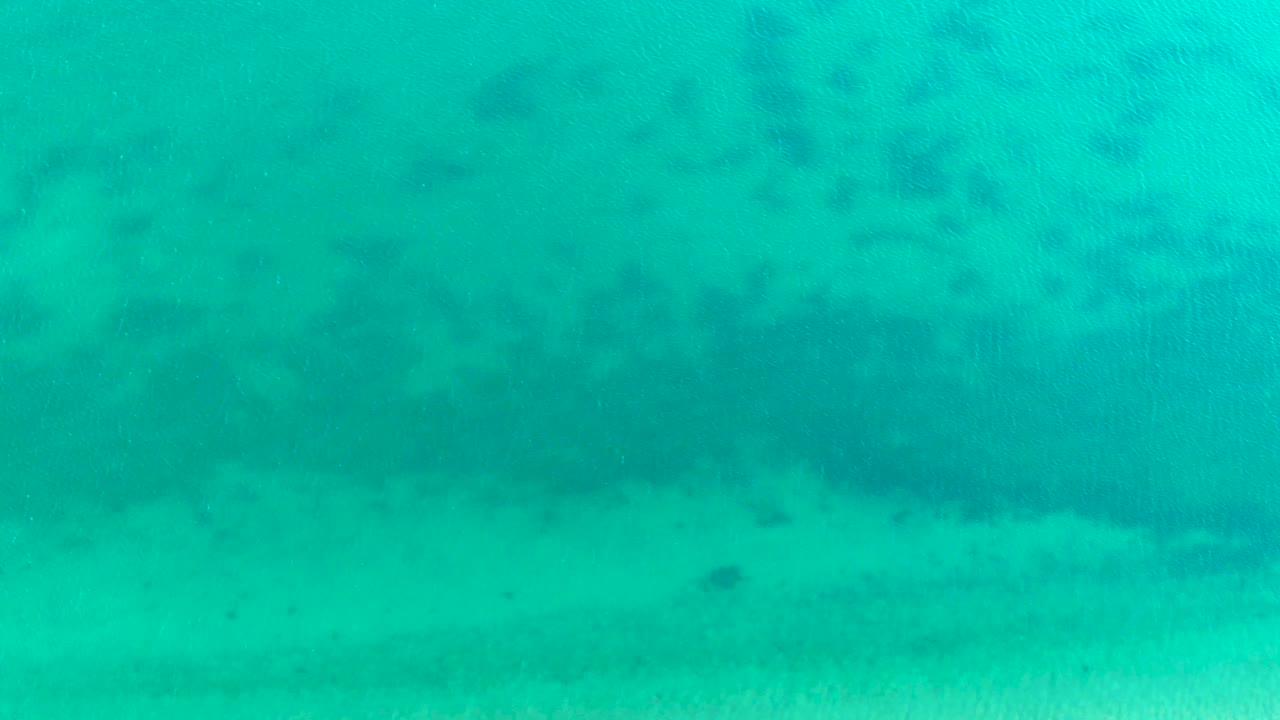 At 0:02, small fish appear as scattered dark shapes over the pale sandy floor in clear turquoise Bahia De Los Angeles water, with no visible people.