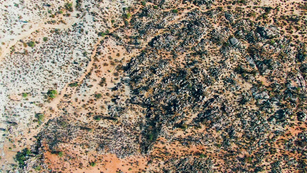 High overhead view in Catavina, Mexico with mottled gray rocks, pale desert soil, rusty sand patches, scattered low plants, and no visible people.