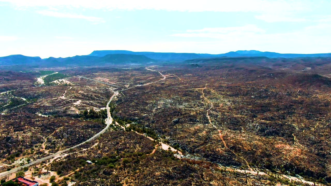 Catavina BC Mexico aerial view with pale road curves, brown rocky hills, scattered green vegetation, a blue mountain horizon, and no visible people.