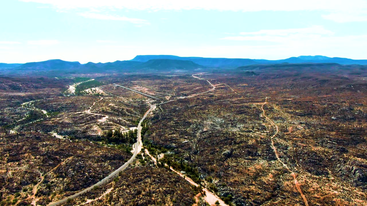 Aerial view of a winding road through dry desert terrain.