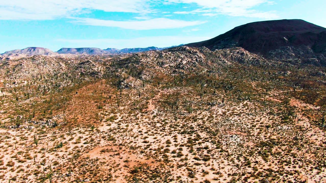 Mid-early frame in Catavina BC Mexico with patterned desert scrub, several upright cacti, uneven rocky hills, distant ranges, and no visible people.