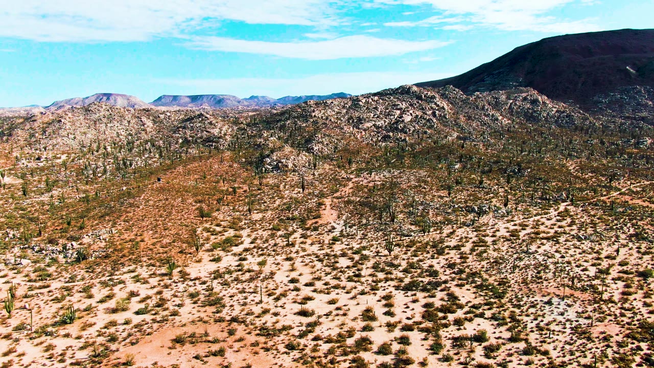 Desert hills with cacti and scrub stretching toward a dark mountain.