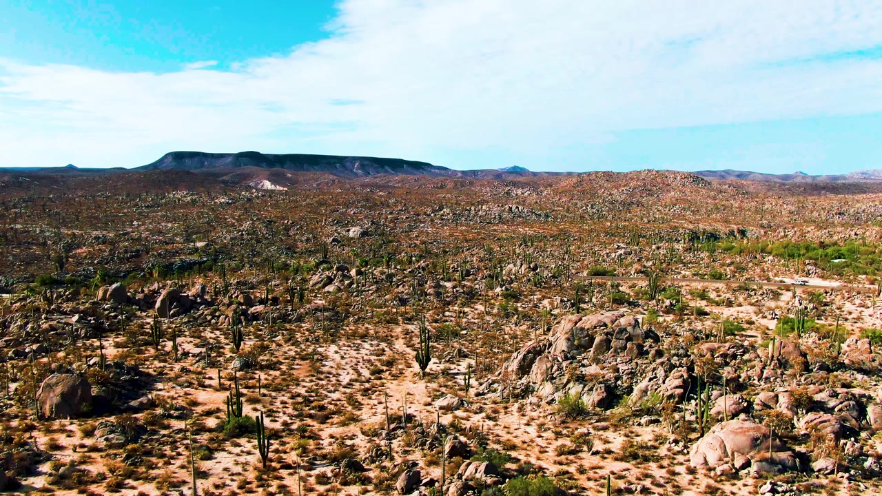 Catavina BC Mexico desert seen from above with a darker foreground rock field, sparse cactus, scrub vegetation, long mountain ridge, bright sky, and no visible people.