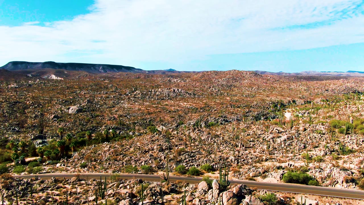 Wide Catavina BC Mexico desert frame showing a road cutting through the lower foreground, pale boulders and cactus clusters in the midground, and no visible people.