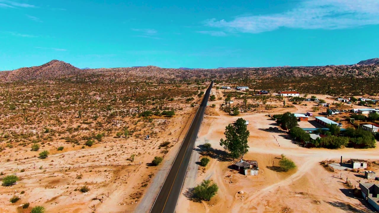 Aerial view of desert highway passing a lone tree and scattered buildings