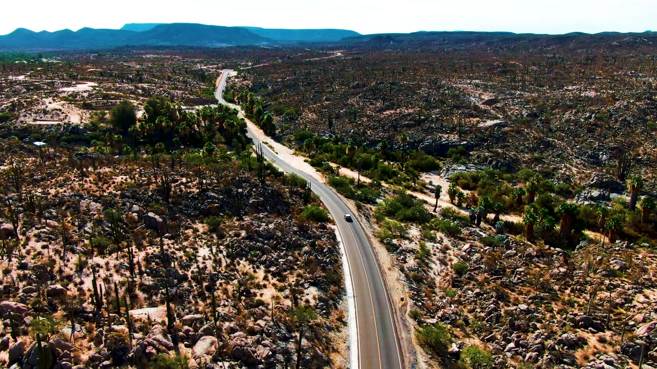 Aerial view in Catavina BC Mexico with the car near the lower road bend, an S-shaped highway through rock-covered desert, cactus stands, sparse vegetation, and no visible people.