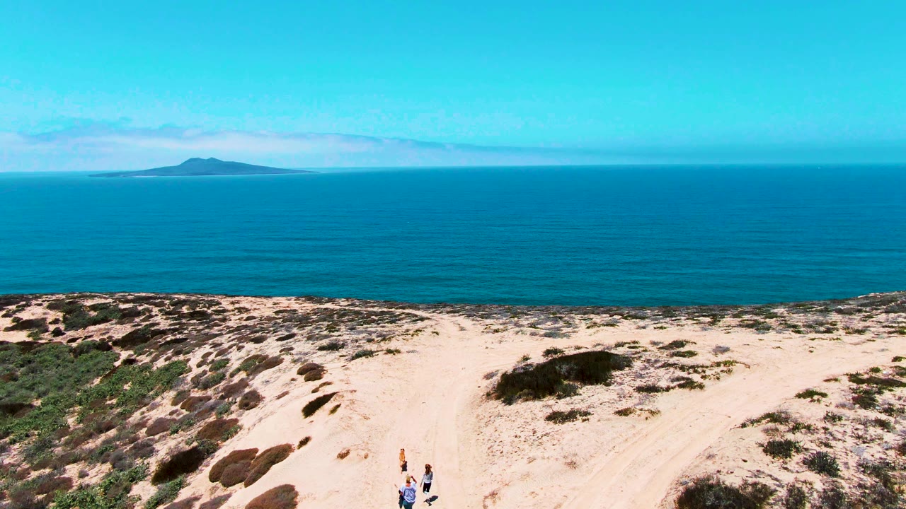 Two small walkers near the bottom of a sandy dune path overlooking the ocean.