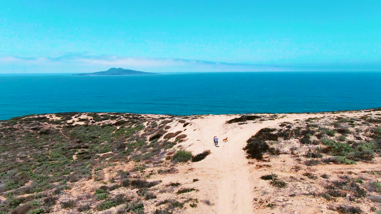 Coastal dune trail with ocean horizon and small people on the path.