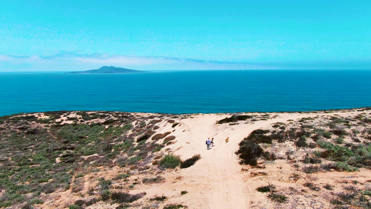 Wide coastal view in San Quintin BC Mexico with a sandy trail crossing low vegetation, bright blue ocean behind it, small people visible, and a small animal-like figure near the path.