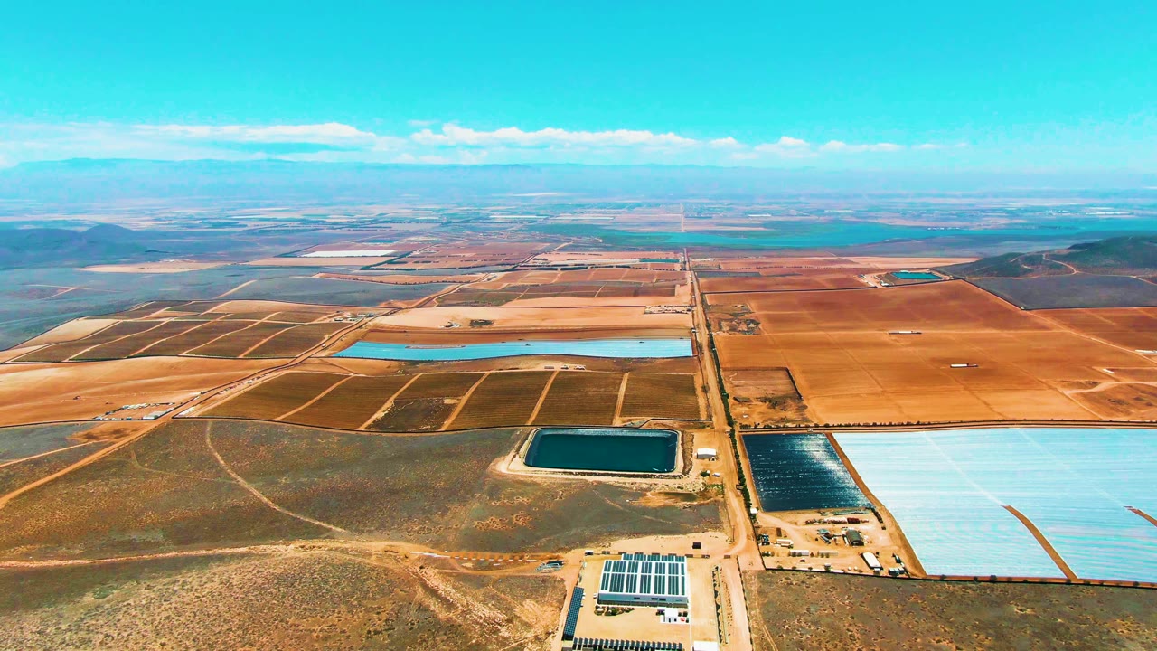 Wide aerial view over San Quintin BC Mexico agricultural fields with rectangular blue reservoirs, a solar panel array near the lower edge, dirt roads, distant hills, and no visible people.