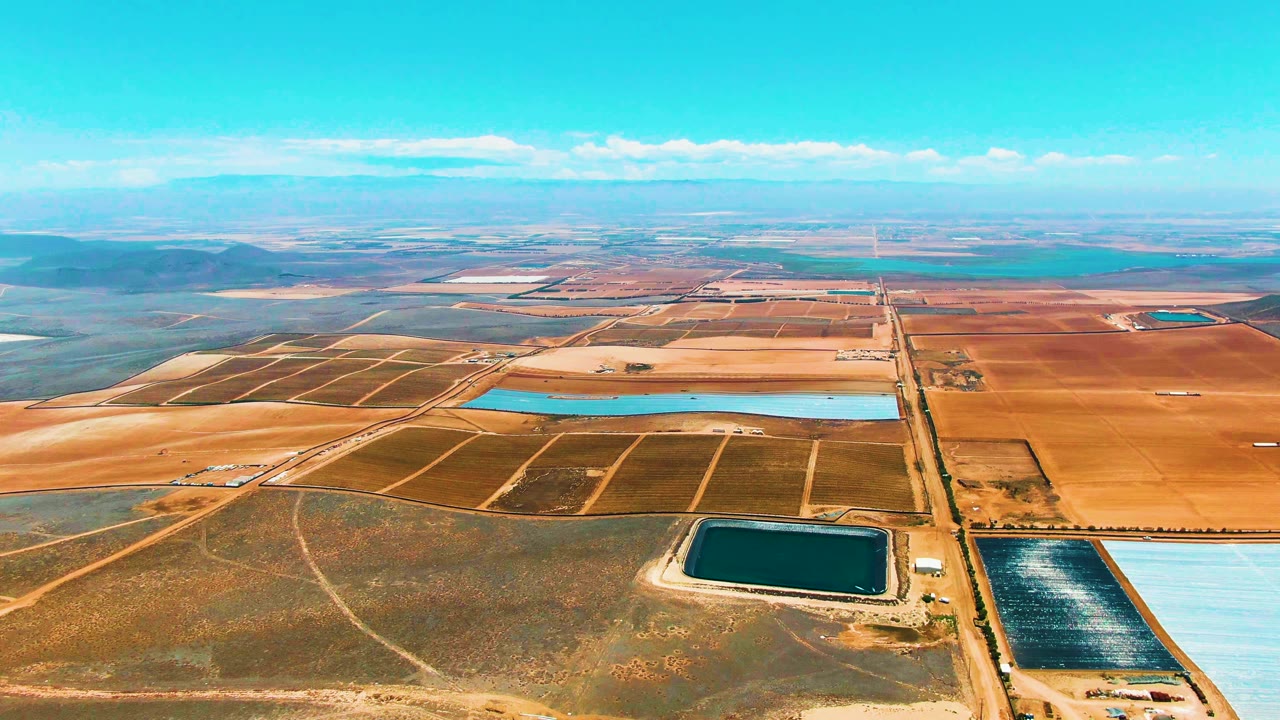 Aerial frame over San Quintin, Mexico showing dry gridded fields, long rectangular turquoise ponds, a dark pond in the foreground, service roads, and no visible people.