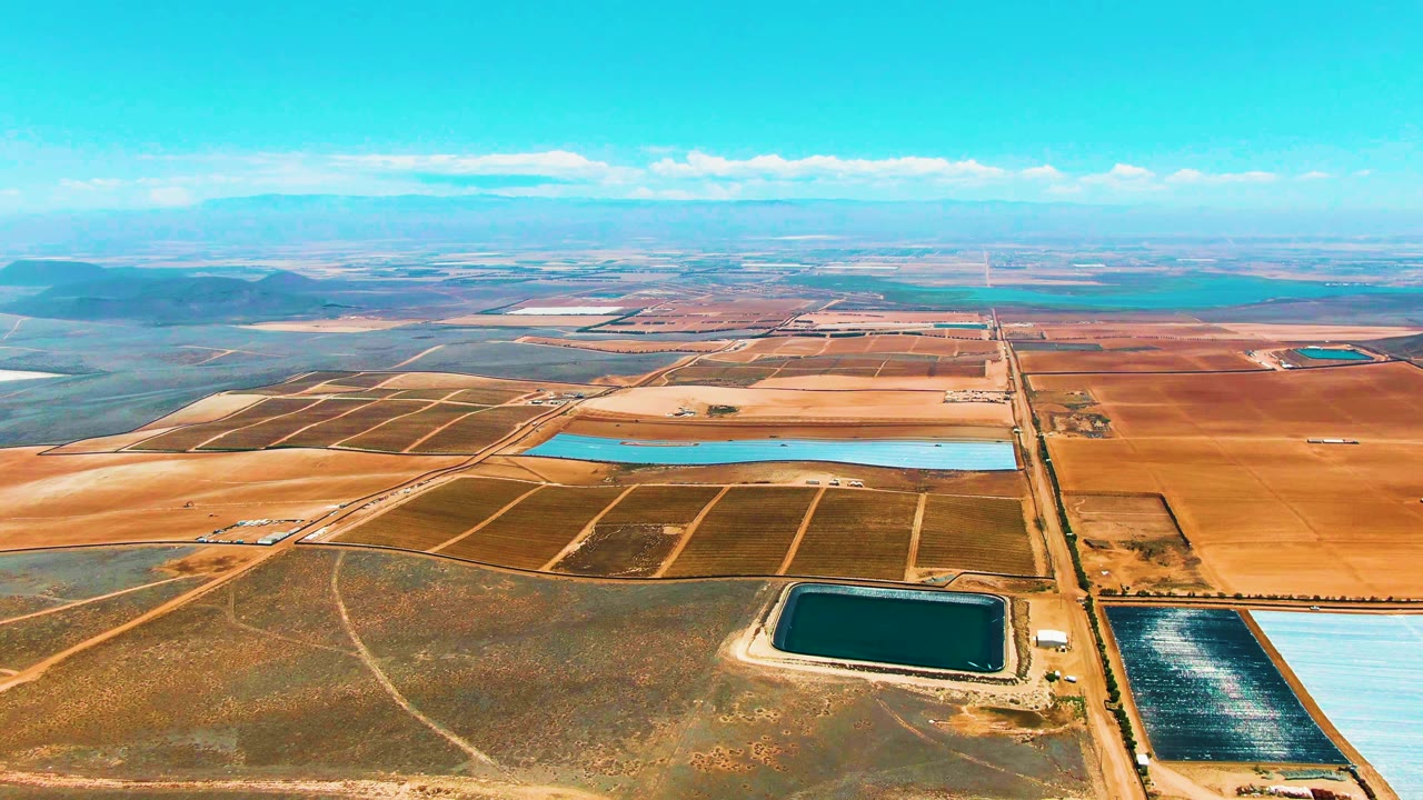 Wide drone view in San Quintin, Mexico with rectangular evaporation ponds crossing the midground, a dark green pond near the lower frame, tan fields, distant hills, and no visible people.