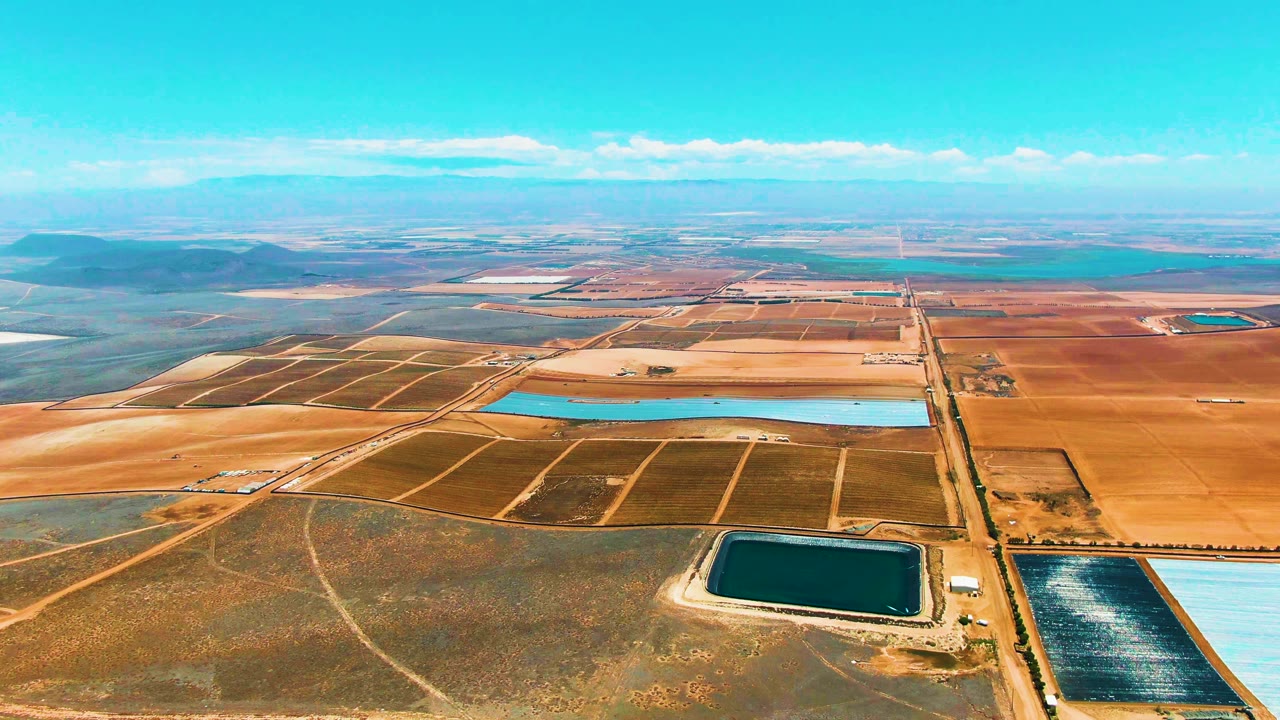 Aerial view of ponds and arid fields with a central service road.