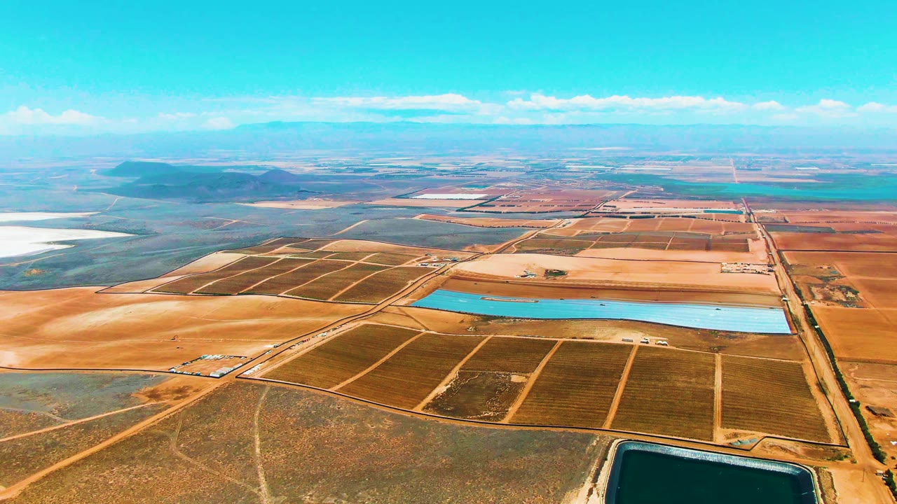 Opening aerial frame over San Quintin BC, Mexico, showing gridded brown farmland, bright blue water pools, distant low hills, clear sky, and no visible people.