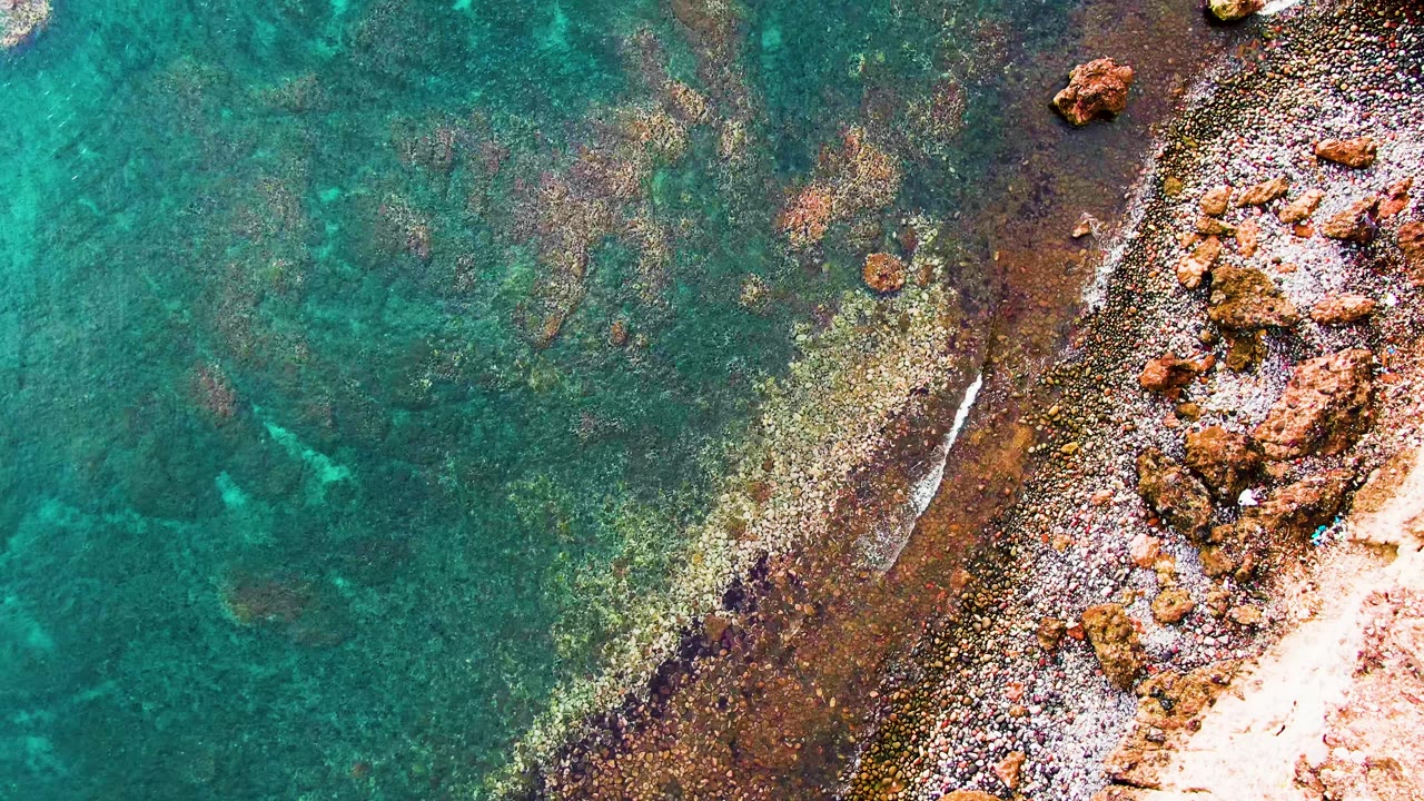 Top-down Santa Rosalia coastal frame with turquoise water, mottled seabed, small brown rocks, and a pale shoreline strip along the right side, with no visible people.