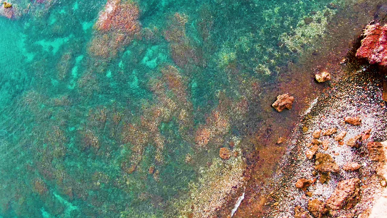 Clear turquoise water covers mottled seabed rocks as the rocky shore remains along the right side in Santa Rosalia, Mexico, with no visible people.