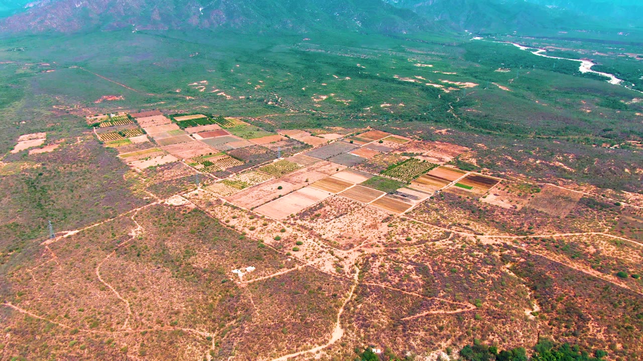 Aerial view over Caduano, Baja California Sur, showing tan and green field blocks amid dry scrubland, distant mountains, a pale river line, and no visible people.