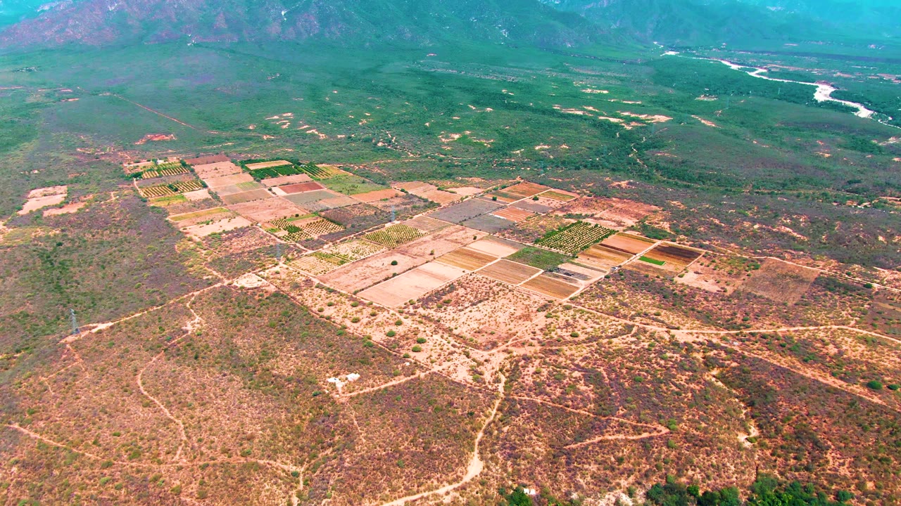 Aerial view across Caduano agricultural plots, with a dirt road network around tan and green fields, broad scrubland, distant mountains, a winding pale river, and no visible people.