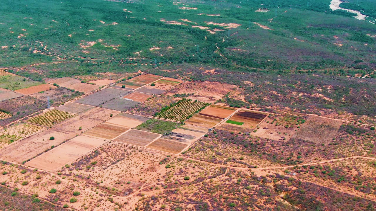 Aerial frame over Caduano fields divided into rectangular sections, with dirt access tracks, dry open ground, green hillside vegetation, a river bend near the top edge, and no visible people.