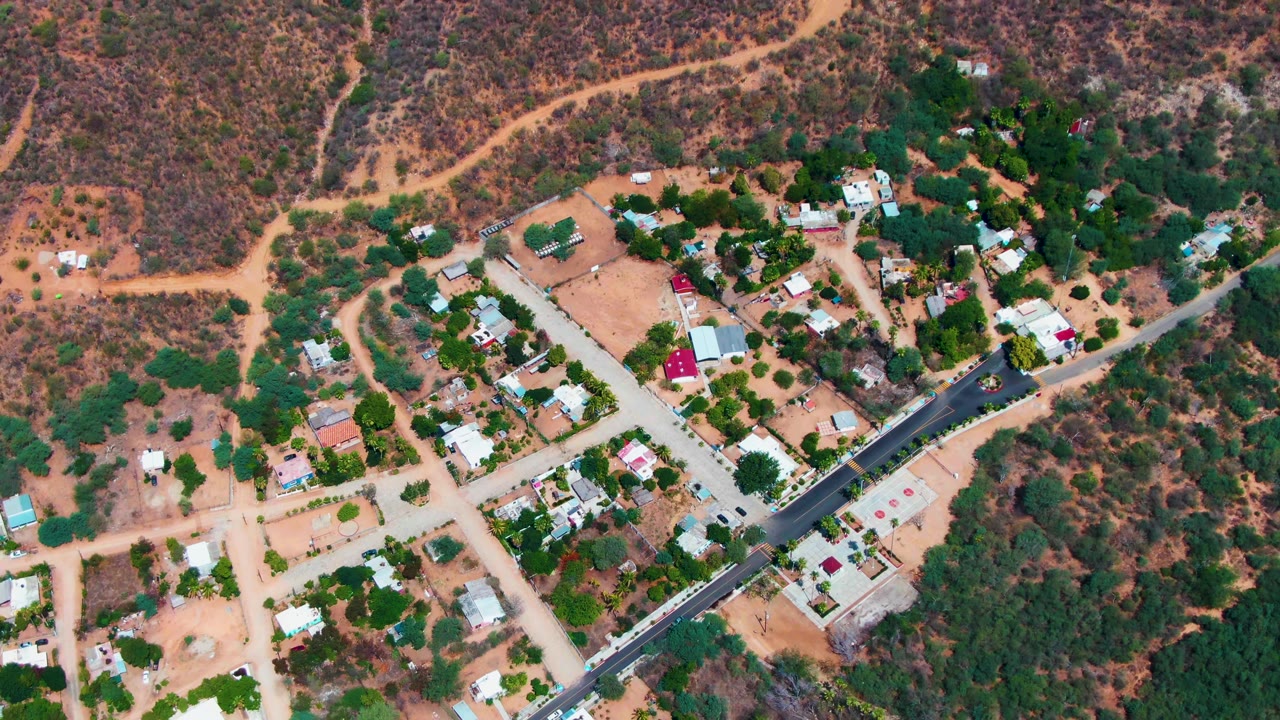 Aerial view over Caduano with a diagonal paved road, scattered buildings, dirt lanes, green vegetation, and brown hillside terrain, with no visible people.