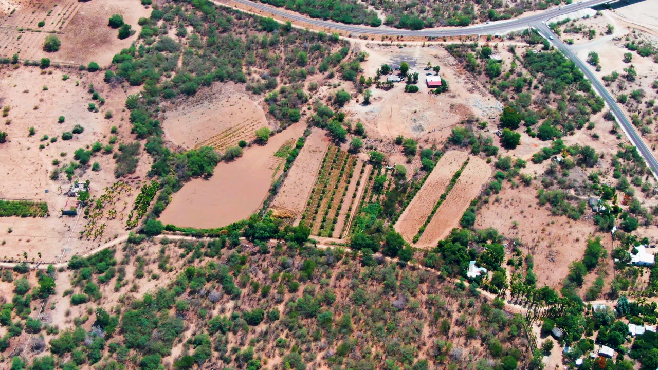 High overhead view in Caduano, Baja California Sur, with arid fields, scrub-covered ground, a muddy pond, road curves, rural buildings, and no visible people.