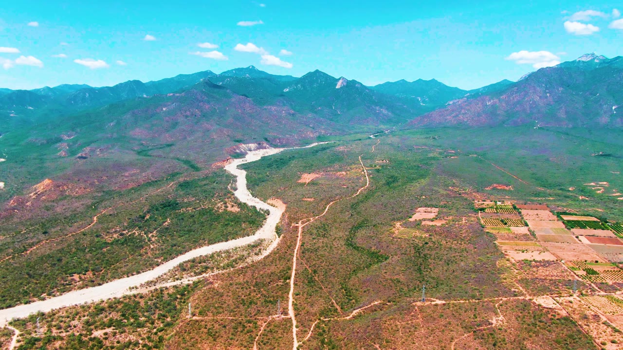 Aerial view of winding river, fields, and mountains under blue sky.