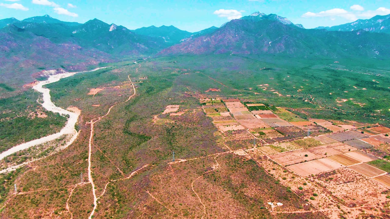 Aerial view in Caduano, Baja California Sur, with the river running up the left side, tan and green farmland on the right, scrub terrain below, mountain ridges beyond, and no visible people.