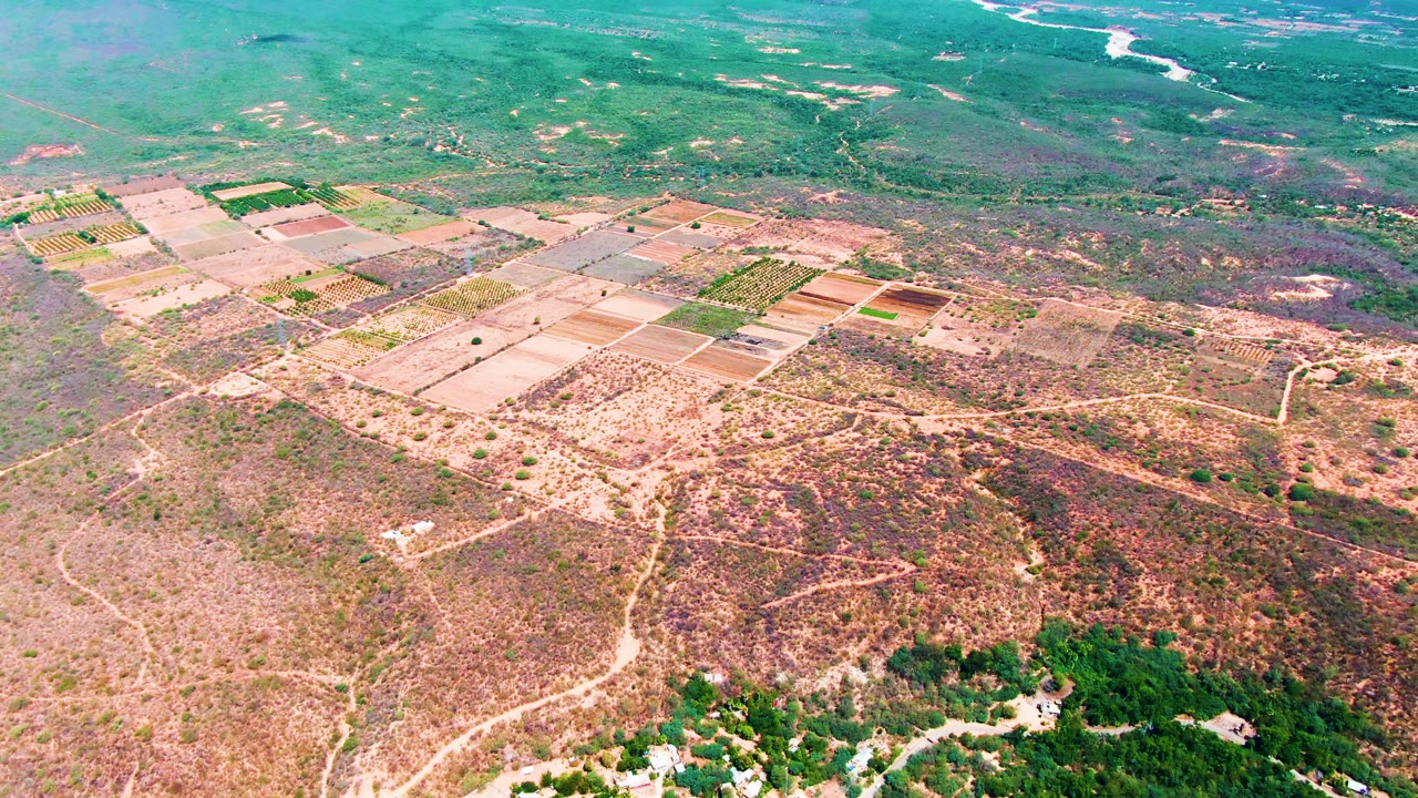 Aerial view in Caduano with tilled plots in the upper left, winding pale tracks through brown scrubland, green vegetation along the lower edge, and no visible people.