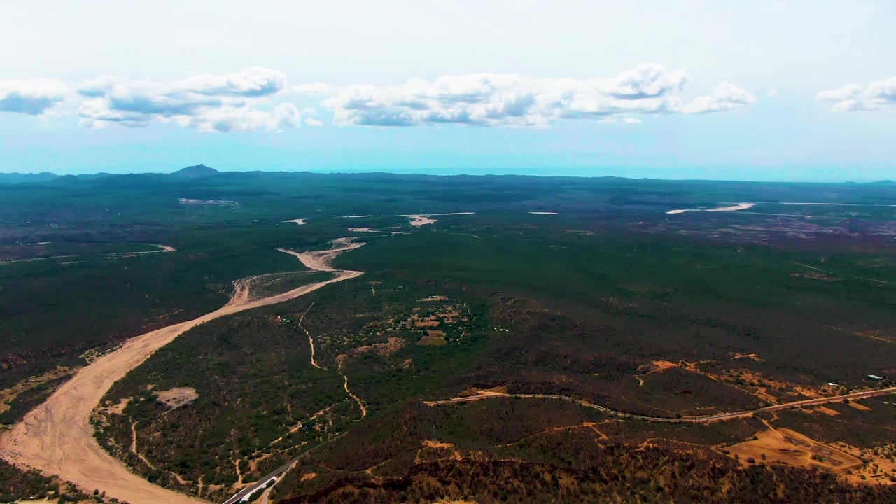 Aerial valley view with a muddy river, green forest, brown terrain, and a cloudy sky.