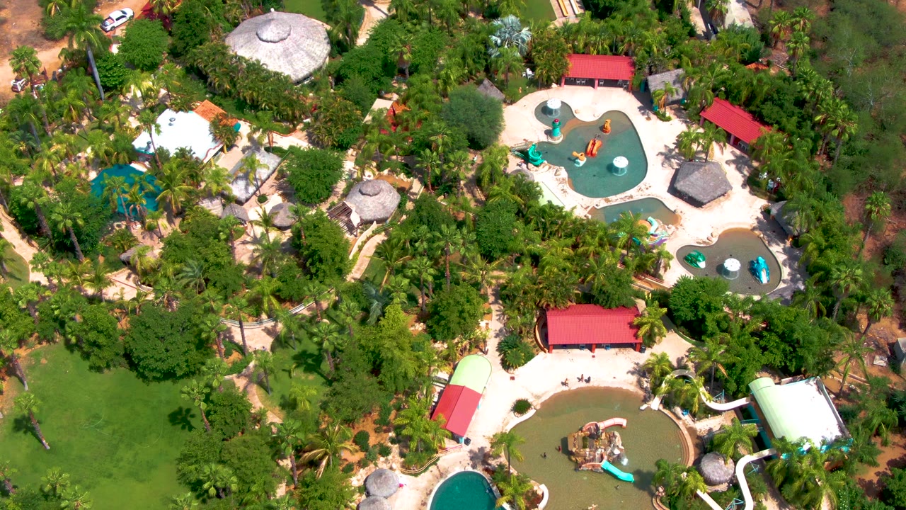 Aerial view of pools and slides among palm trees.