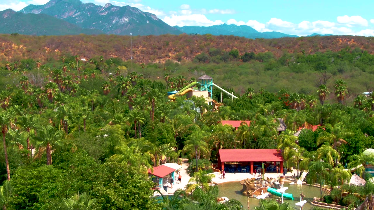 Caduano water park aerial with palms filling the foreground, a red-roofed pool building and bright slides in the midground, dry hills behind, and a mountain skyline under scattered clouds.