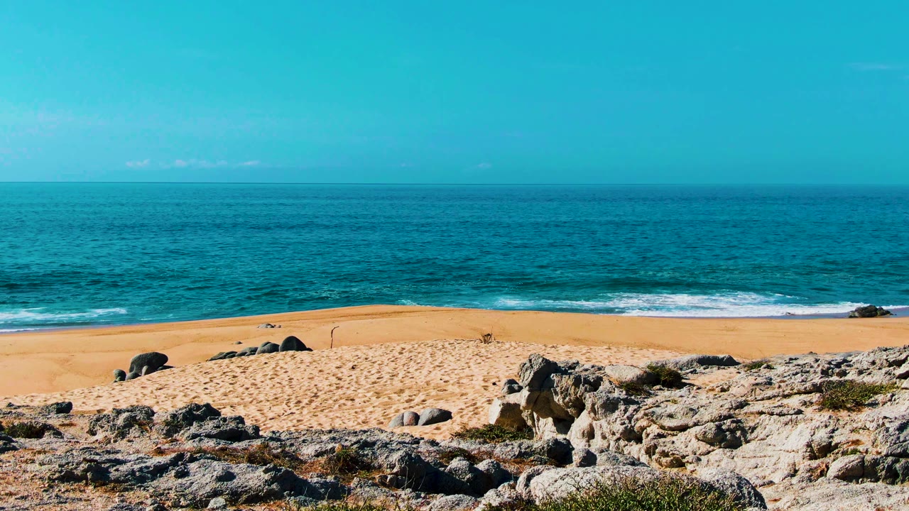 Rock-strewn coastal foreground at Buzzards Beach in Punta Buzzards, Mexico, with a sandy beach, rolling ocean, clear sky, and no visible people.