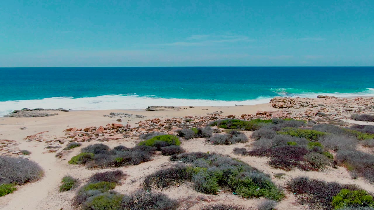 Buzzards Beach shoreline from above with foreground shrubs, reddish rock clusters, pale sand, white wave foam, blue-green water, and no visible people.
