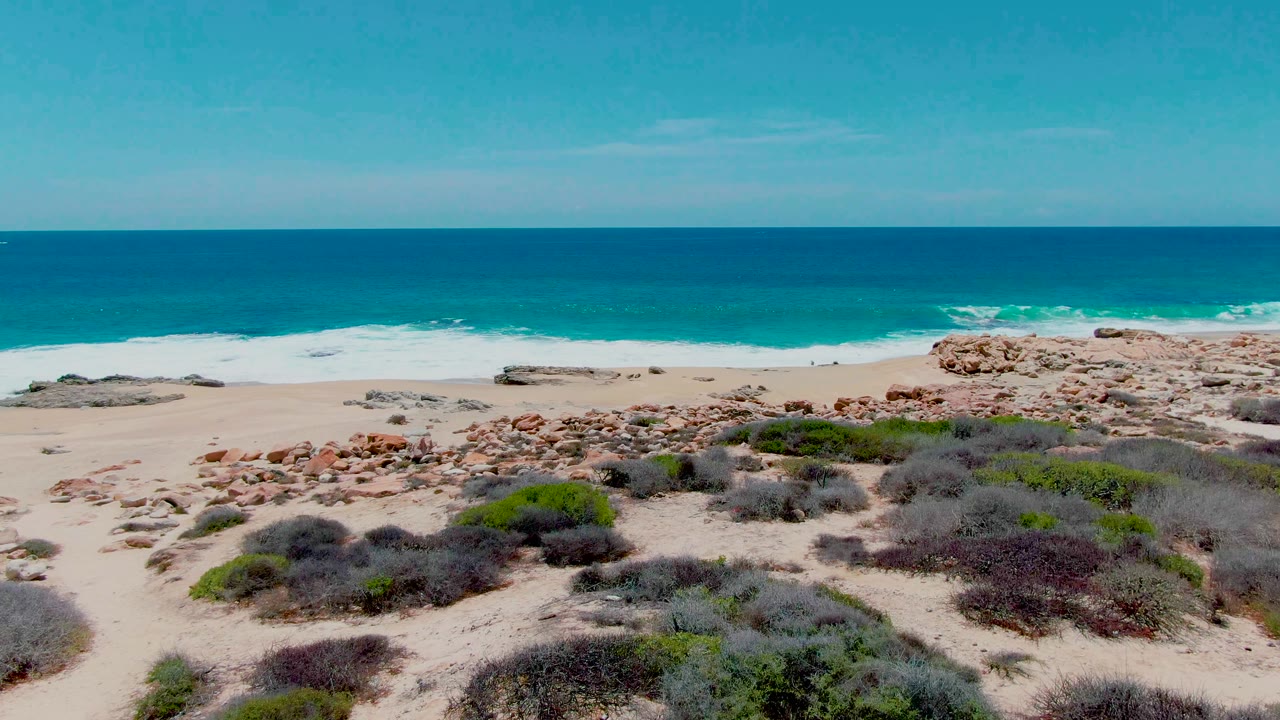 Aerial view at Punta Buzzards with scrub-covered foreground, rocky sand below, a band of white surf, calm blue ocean, thin sky, and no visible people.