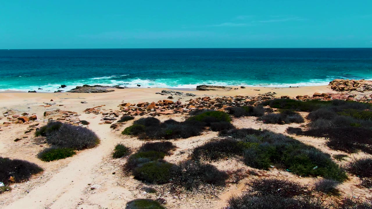 Buzzards Beach shoreline seen from above the dunes, with a sandy track between dark shrubs, rocks near the water, turquoise waves, and no visible people.