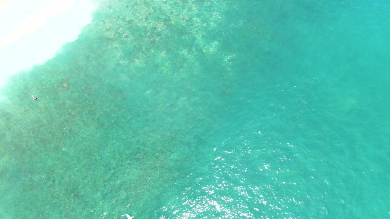 Overhead view at Buzzards Beach, Baja California Sur, where pale sandy shoreline enters from the upper left, darker seabed texture sits below it, and turquoise water fills the right side with no visible people.