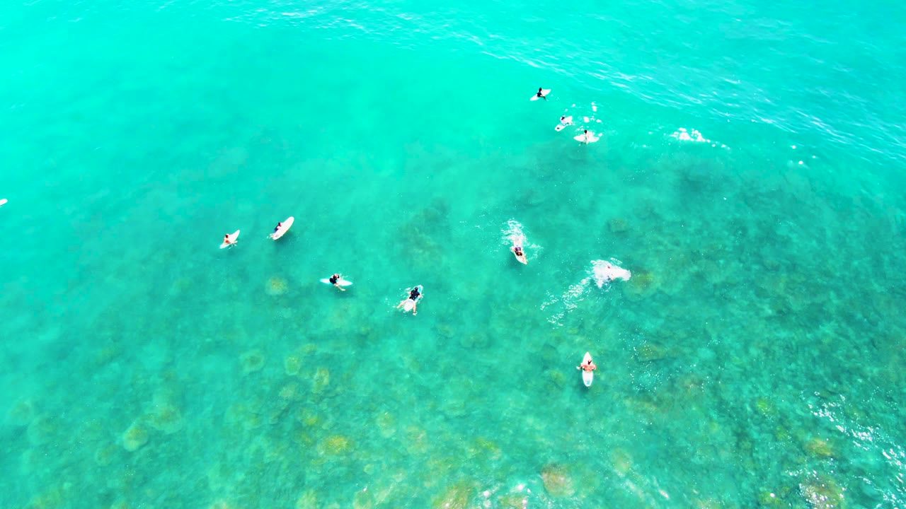 High overhead view at Punta Buzzards showing a loose group of swimmers near the upper right, individual swimmers through the center, and mottled shallow seabed beneath turquoise water.