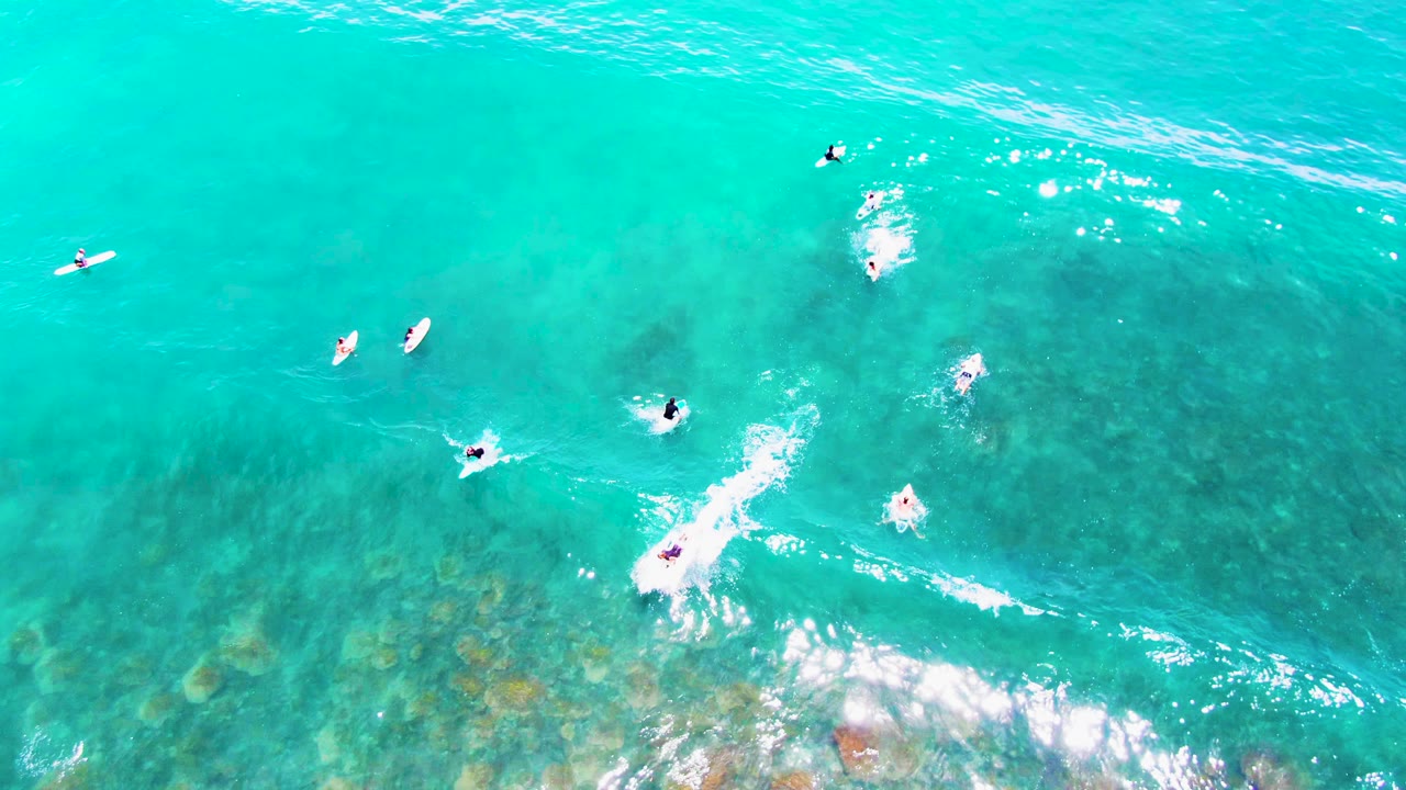 Surfers paddle near a foamy wave trail in clear blue-green water.