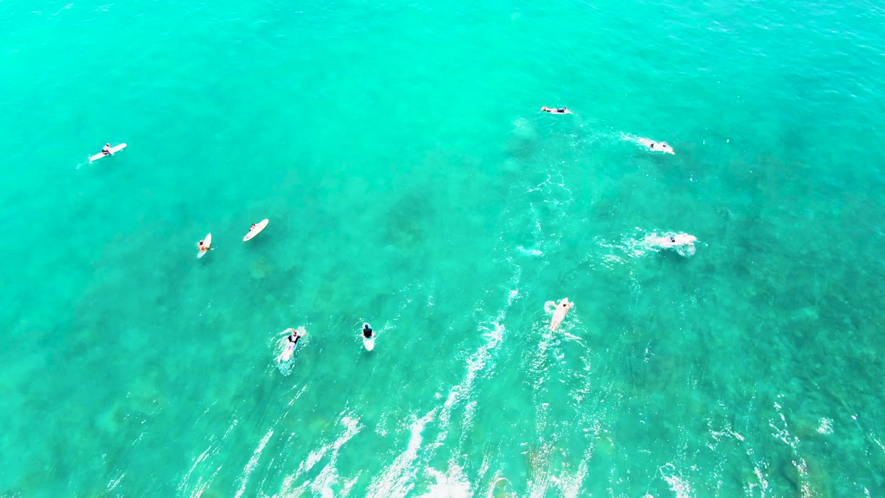 Surfers on boards and swimmers spread across clear blue-green water.